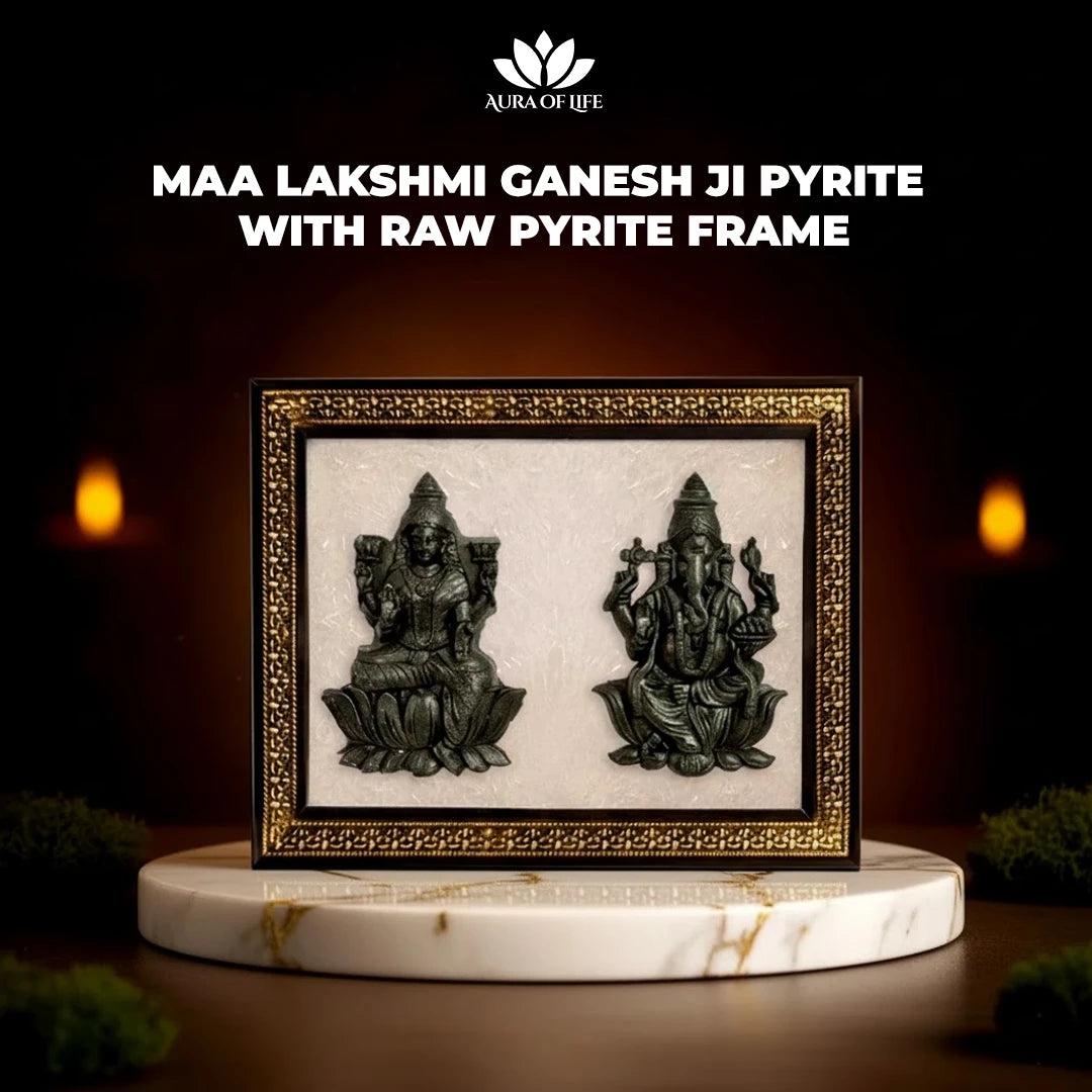 Maa Lakshmi Ji and Ganesh Ji with Raw Pyrite Frame