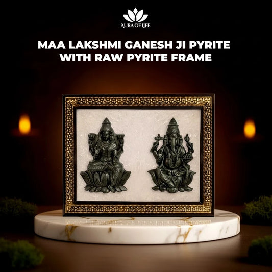 Maa Lakshmi Ji and Ganesh Ji with Raw Pyrite Frame