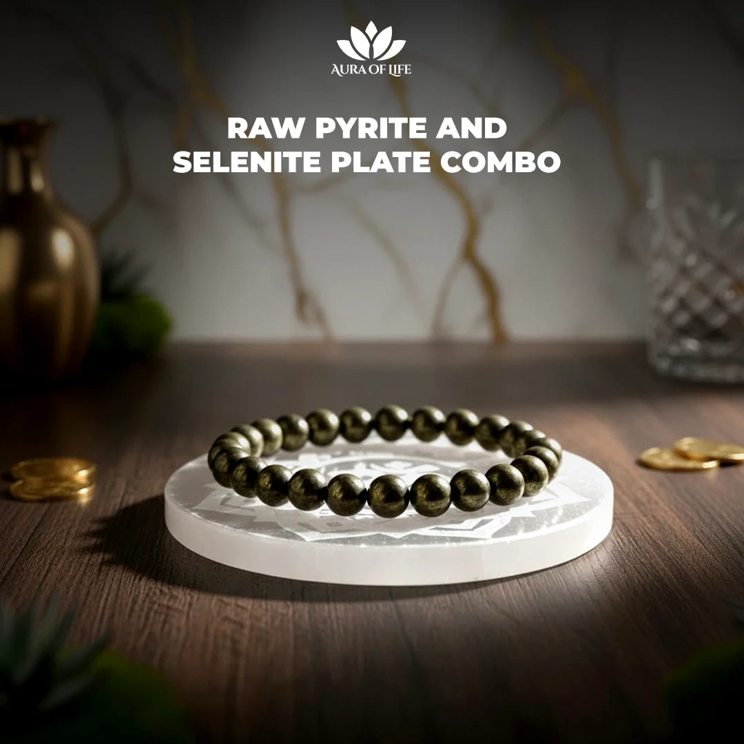 Raw Pyrite Bracelet and Selenite Plate Combo